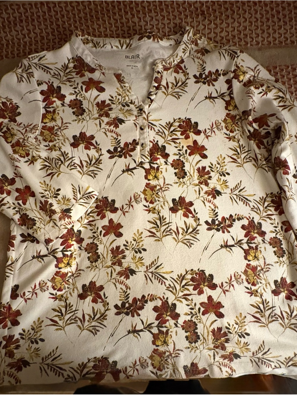 BLAIR Cream 3/4-sleeve v-neck. All over rust, brown and green Fall floral print.